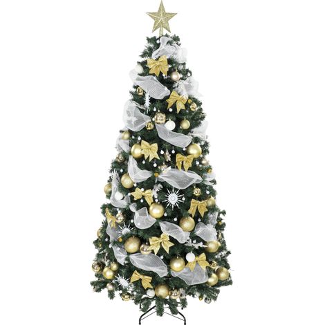 HOMCOM árbol de navidad con 250 led blanco cálido, 230 cm, predecorado, 1136 ramas, 8 modos, bolas, cintas y lazos, mando, base metálica plegable (1/5)