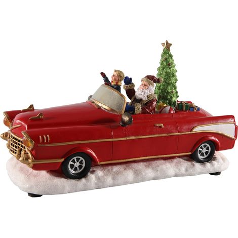 LED Weihnachts Szene "Weihnachtsmann im Oldtimer" rot - 25 cm / Batterie - Tisch Deko mit Sound Bewegung und bunter Beleuchtung