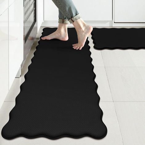 Kitchen oil-absorbing and water-absorbing anti-fatigue floor mat, bathroom non-slip mat, solid color wavy edge door mat, toilet floor mat - lace - black - 44751.0cm