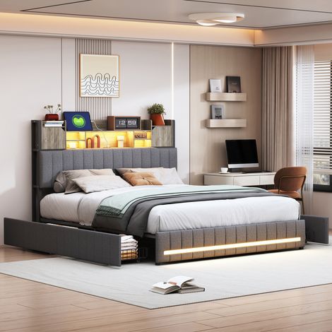 Lit adulte 140x190 cm – 4 Tiroir – Éclairage LED – Port USB – Sommier à lattes (1/5)