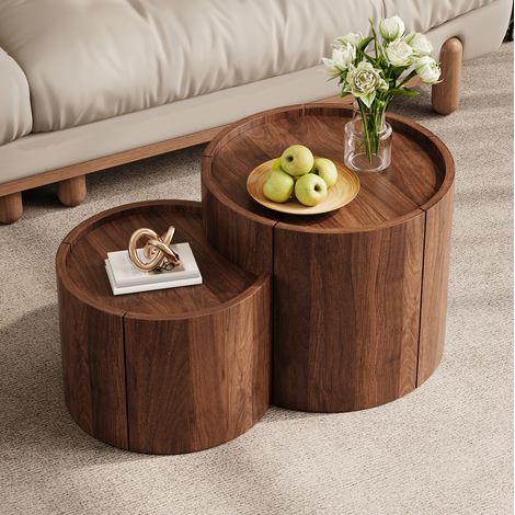 Couchtisch (77.5x47.5x40 cm), mit Stauraum, Schubladen, geschwungenen Türen, aus Spanplatte, Nussbaum (1/5)