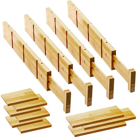 Séparateurs de tiroir en bambou avec inserts pour vêtements, cuisine organisateurs réglables extensibles ustensiles organisation maison, bureau, dortoir, commodes (1/5)