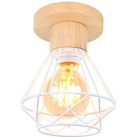 Plafoniera industriale, lampada a sospensione vintage E27 da 16 cm con design a gabbia in ferro e legno, lampada da soffitto bianca per ingresso, corridoio, camera da letto, cucina, 1 pezzo - Crezuo