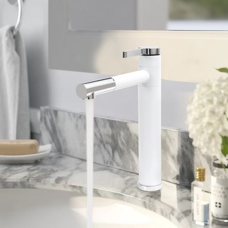 Mezclador alto para lavabo de baño, giratorio 360°, blanco, mezclador monomando de latón (1/5)