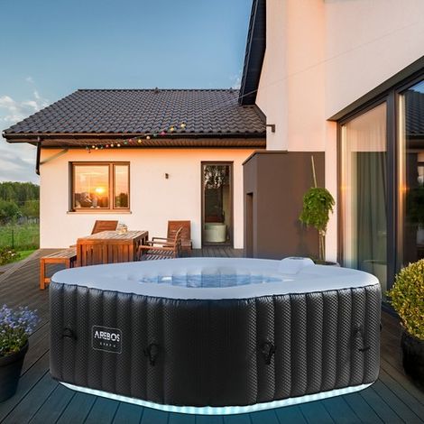 AREBOS Whirlpool 154 x 154 cm mit LED-Beleuchtung aufblasbar quadratisch In- & Outdoor 4 Personen 100 Massagedüsen mit Heizung 600 L Inkl. Abdeckung Bubble Spa & Wellness Massage (1/5)