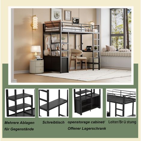 Lit mezzanine 90×200cm sans matelas,bureau,prise+USB,étagères,placard ouvert,rampe,échelle,cadre fer noir