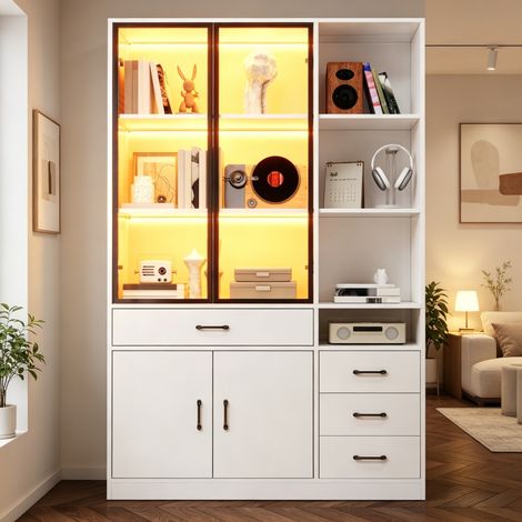 Vitrine haute 120x35x200 cm en panneaux de particules et verre blanc, rangement pour salon – MEUBLIV (1/5)