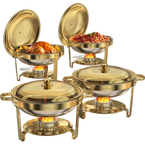 4pcs 4,7L Gold Chafing Dishes for Buffet 5QT, Round Stainless Steel Chafer and Warmer Set with Lid Holder, Mirror-polished for Catering, Party, Wedding (1/5)