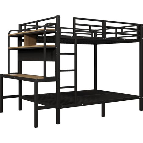 Lit superposé 140 x 200 cm en métal avec bureau, étagères, bande LED et port USB, noir (1/5)