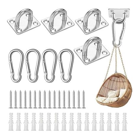Stainless Steel Ceiling Hook, Pack of 4 M5 304 Stainless Steel with Carabiner, Screws and Plastic Dowels for Hanging Hammocks, Swings, Sun Sails (1/5)