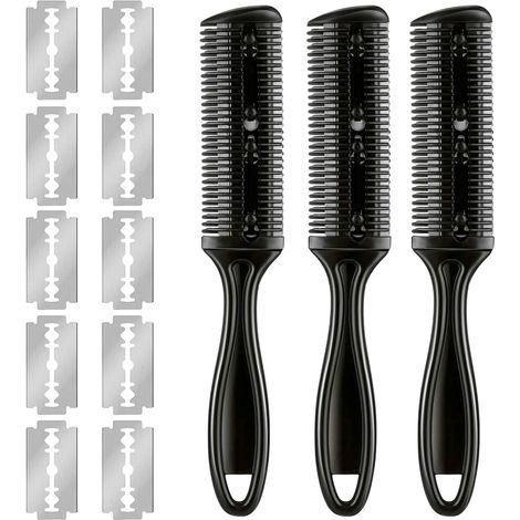 3 Peignes à Lame Rasoir Double Face avec 10 Lames en Acier Inoxydable pour Coupe de Cheveux (1/5)