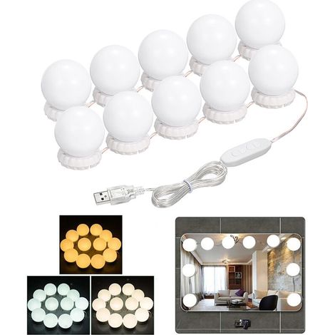 VURAHOME - Kit de miroir de courtoisie à LED avec 10 ampoules 10 luminosité réglable et miroir 3 méthodes d'éclairage USB sur couronne pour habiller le maquillage (1/5)
