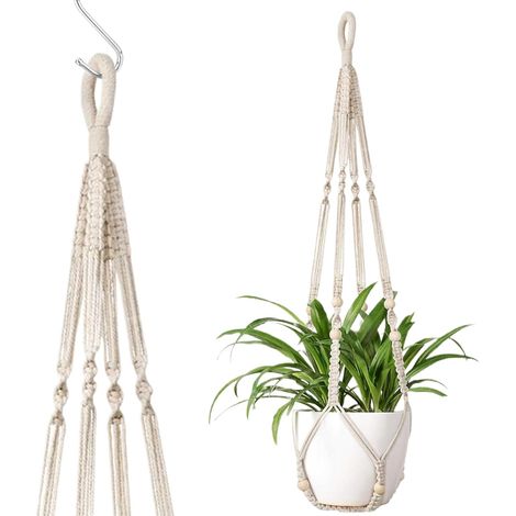 Suspension pour plantes en macramé, 90 cm, corde coton tressée, porte pot suspendu avec perles bois (1/5)