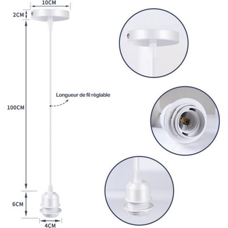 2 portalampade E27 con cavo, portalampada a sospensione in metallo, lampada a sospensione bianca con cavo regolabile da 100 cm, compatibile con paralumi, per casa, ufficio, bar (1/4)