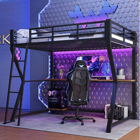 Bett Hochbett 90x200 cm modern aus Metall in Schwarz mit Schreibtisch, PC-Ablage, LED, USB und Treppe (1/5)