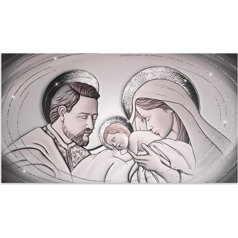 Lupia - Quadro moderno su tela in cotone Sacra famiglia SHINY 77x143 cm THE KISS CERAMIC GREY con glitter e brillantini, Nativita' per soggiorno, capezzale camera da letto (1/4)