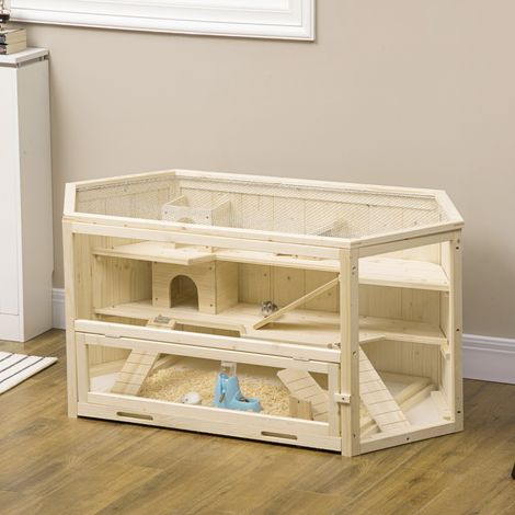 Cage à hamster à 3 niveaux bascules, fenêtres, cabanes, plateau coulissant, 115 x 60 x 55 cm, effet bois naturel