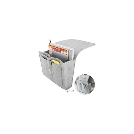 Bett-Organizer, Nachttisch-Organizer, rutschfeste Betttasche mit 5 tiefen Fächern für Bücher, Zeitschriften, iPad, Handy und Fernbedienung – Grau – Crezuo
