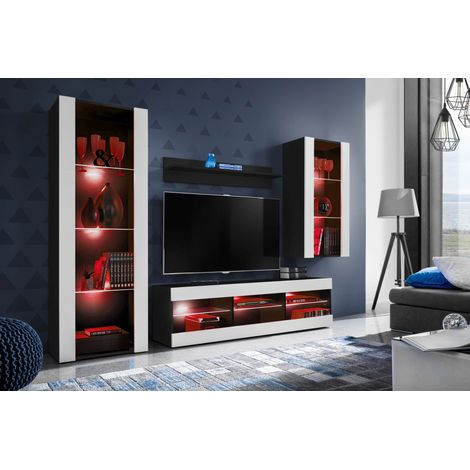 Komodee Ensemble de Meubles Tivoli Medio, Noir/Blanc, Largeur 245cm x Hauteur 159cm x Profondeur 35cm, LED RGB, 3 étagères, pour Salon, Chambre, Entrée