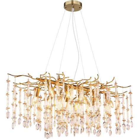 Lustre suspension lampe suspendue cristaux de verre doré ambre clair H 120 cm (1/4)