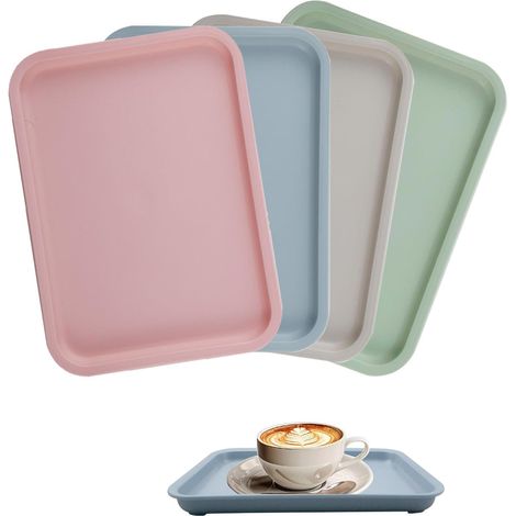 Lot de 4 - Plateau Déjeuner - Plateau Rectangulaire - Antidérapant En PP Réutilisable Pour Cuisine Restaurant Café Hôtel Vert Rose Bleu Kaki 24.5x17.5cm (1/5)