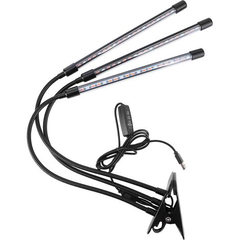 Lampe de croissance LED à trois tubes, spectre complet, adaptée aux fleurs, plantes vertes, plantes succulentes, bonsaïs, serres, lampe de croissance à pince, 30 W, trois tubes, minuterie, alimentatio (1/5)
