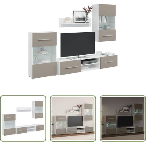 Meubles muraux - Meubles TV avec lumière LED 5 pcs gris pierre bois d'ingénierie (1/5)