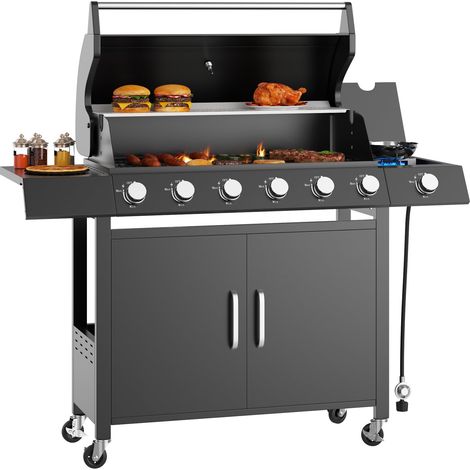 Barbecue à gaz sur chariot, 6 brûleurs, 60 000 BTU, avec plancha - brûleur latéral - acier inoxydable, grilles en fonte, grille de maintien au chaud, meuble de rangement, système de récupération des g