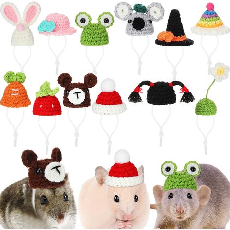 12 mini chapeaux pour hamsters, chapeaux crochetés pour petits animaux tels que cochons d'Inde, serpents, lézards, dragons barbus et peluches, vêtements pour photos d'animaux (Frais) (1/5)