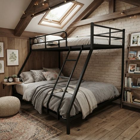 Lit superposé 200x140x137 cm – lit superposé avec couchages 80x190 et 130x190 cm échelle et barrière – métal – noir (1/3)