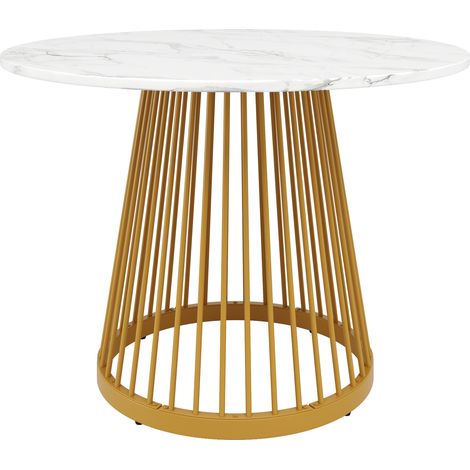 Table à dîner ronde 80x80x76 cm avec plateau MDF marmorisée et pieds métalliques dorés (1/5)