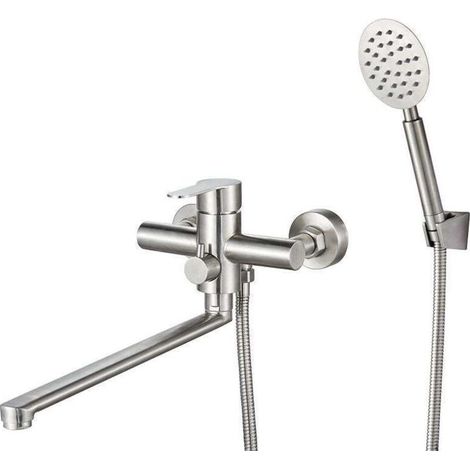Badewannenarmatur mit Handbrause, Badewannenmischer mit 30 cm langem Auslauf, Wandmontierter Badewannen-/Duschmischer, Gebürstete Oberfläche (1/4)