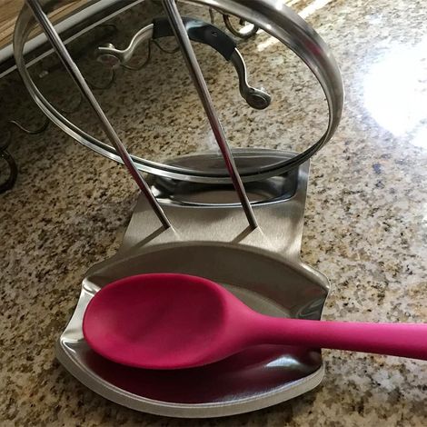 Support de couvercle et repose-cuillère en acier inoxydable, rangement pratique pour ustensiles de cuisine. (1/5)