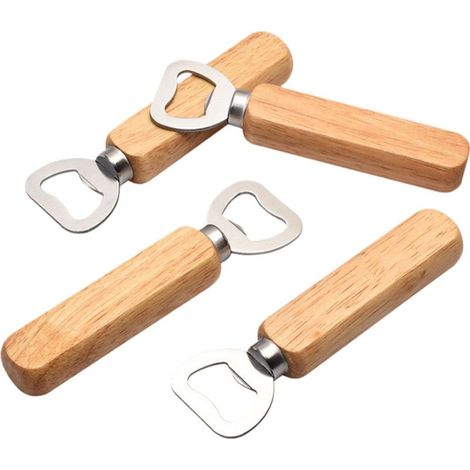 Set of 4 stainless steel bottle openers with rubberwood handles, 14 x 4 x 1.7 cm, natural wood color (1/5)