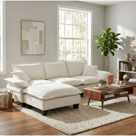 Canapé d'angle modulaire 263x151x90 cm beige en chenille avec ottomane mobile et 2 coussins (1/5)