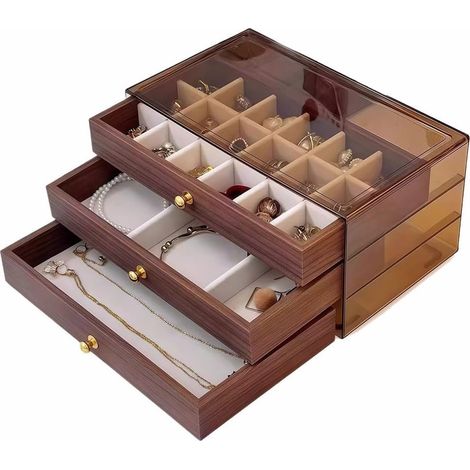 Boîte de rangement à bijoux en bois de noyer à 3 niveaux avec couvercle en acrylique transparent, pour grande capacité, intérieur en velours doux et compartiments réglables pour femmes et