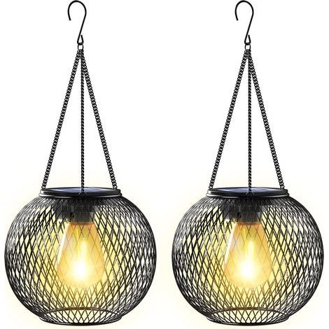 Set mit 2 Solar-Außenlaternen aus Metall, wasserdicht (IP65), zum Aufhängen, mit automatischer Ein-/Ausschaltfunktion, für Terrasse, Rasen, Tisch und Zaun – Warmweiß (1/5)