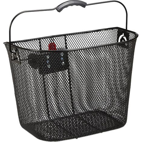 Cesta delantera desmontable para bicicleta con sistema de clic. Cesta de malla metálica fina para el manillar. Dimensiones (alto x ancho x profundidad): 27 x 34,5 x 26 cm. Color negro. (1/5)
