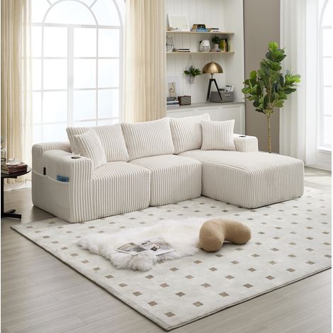Sofá modular con chaise longue y 2 plazas, tejido efecto pana, 5 cojines, beige (1/5)