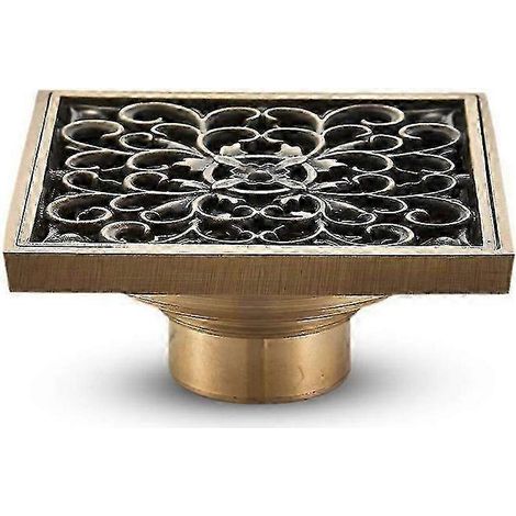 Bonde de sol en laiton pour salle de bain - Bonde de douche carrée antique unique sculptée en forme de fleur pour toilettes de jardin 10 x 10 cm (1/5)