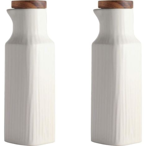 Flacon Huile Et Vinaigre - Céramique Mate Blanche Avec Bouchon En Bois - Étanche - Cuisine (1/5)
