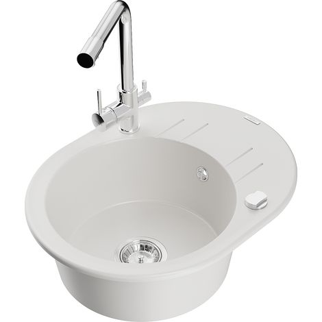 Mexen Kevin fregadero de granito de 1 compartimento con escurridor y grifo de cocina Duero, blanco - 6517-20-671600-00 (1/5)