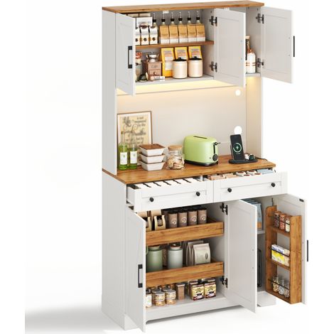 Buffet Cuisine avec 2 Tiroirs, Rangements Coulissants, LED RGB et Prises, en MDF, 100 x 40 x 180 cm, Naturel Blanc (1/5)