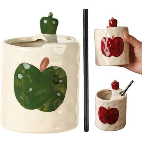 Mug à café original en céramique avec paille, décoré d'un joli graffiti de pomme, cadeau idéal pour les amateurs de café. (1/5)