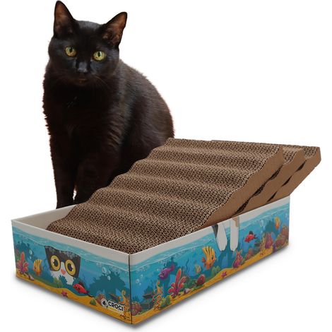 Arbre 6-en-1 en Carton pour Chat Adulte, 3 Panneaux Grattables Double Couche Réversibles, Pieds Antidérapants, Sachet d'Herbe à Chat Inclus, 44 x 28 x 10 cm (1/5)