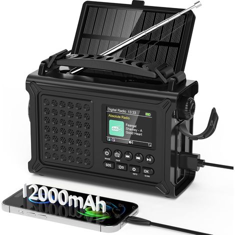 Dab/Dab+/FM Radio Solaire Manivelle, Radio d'urgence avec 8500mm² Grand Panneau Solaire, Lampe Torche LED & Lampe de Lecture, Horloge Minuterie, Prise Casque, Idéale pour Cuisine ou Déplacement (1/4)