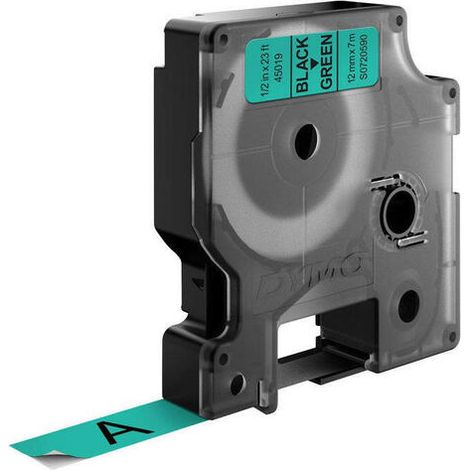 Cinta para etiquetas Dymo 45019 (S0720590) de 12 mm x 7 m, negra sobre verde.