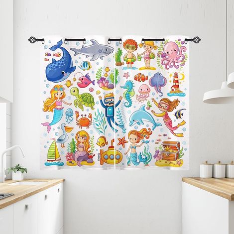 Rideau Occultant Océan Dauphin Pieuvre Requin Rideau Thermique Isolant Tenture Opaque à Oeillets Draperies Intérieurs pour Maison Chambre Salon 2 Panneaux L 60 x H 90 cm - 60L X 90H cm (2 Panneaux) (1/5)