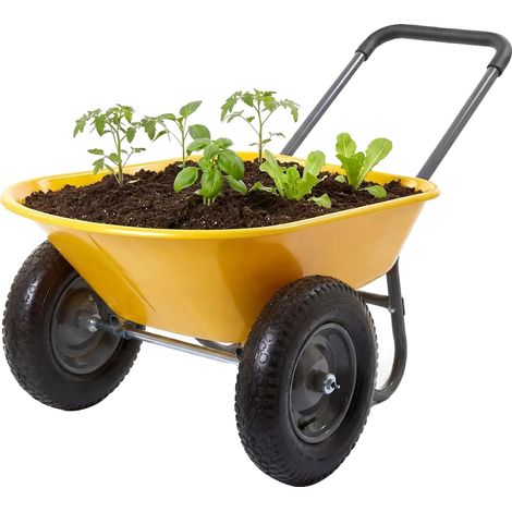 Carro de jardín, diseño robusto, estabilidad con ruedas dobles, amarillo. (1/2)