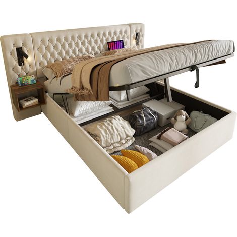 Lit coffre 180x200 cm en velours beige avec sommier à lattes, 2 chevets intégrés, liseuses et ports USB/Type-C (1/5)